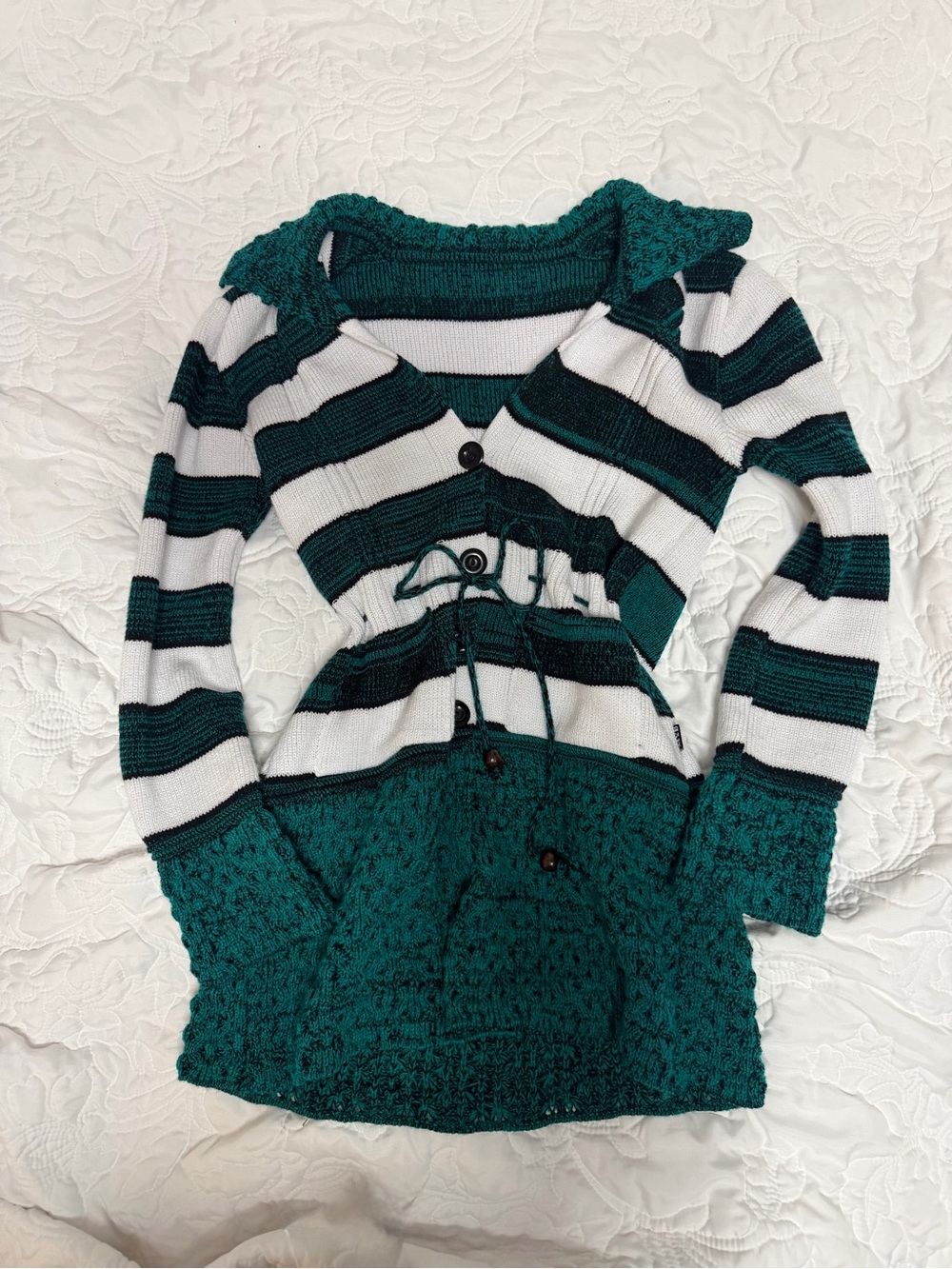 Striped Green & White Knit Women's Sweater Cardigan